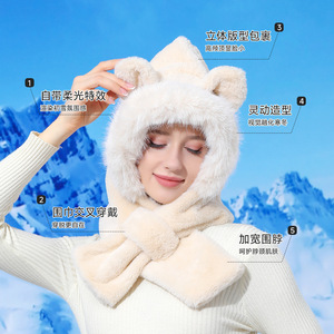 Qianqianwo Autumn Winter Warm Hat 100% Polyester Thickened Windproof Ear Neck Protector Three In One Plush Hat - Product Image 2