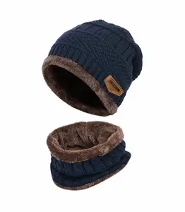 Winter two-piece set Custom leather patch winter knitted beanie hat neck warmer hat winter set