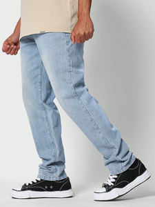 Jeans en denim bleu délavé pour hommes, pantalons décontractés à jambes larges et droites avec coupe ample à taille moyenne pour la mode du printemps et de l'automne, vente en gros - Product Image 2