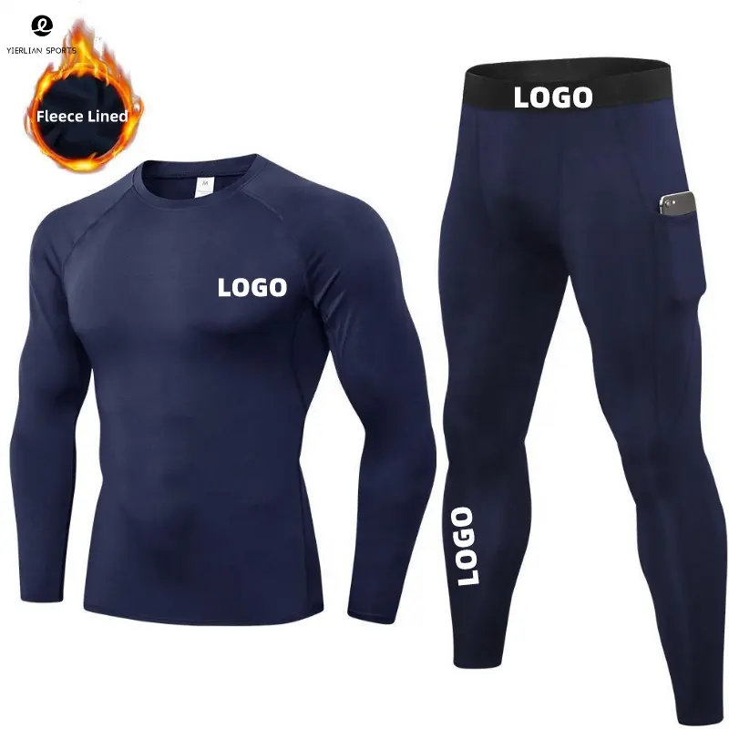 Mens Private Label Winter Fleece Thermal Warm High Elastic Man stretto sport Fitness Workout due pezzi set abiti Gym Wear Men