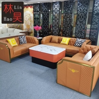Ensemble de canapés en cuir de luxe VIP, or et acier orange, design de meubles pour salon, 7 places