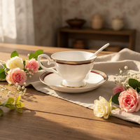 Ensemble de tasses et soucoupes en porcelaine fine de style américain, élégant, avec bordure dorée et rouge, durable, portable, vaisselle de table haut de gamme pour hôtel, OEM