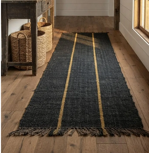 Tapis de couloir en laine noire et jute fait main, minimaliste, rayé, pour entrée, salon, chambre, décoration de sol rustique pour la maison - Product Image 1