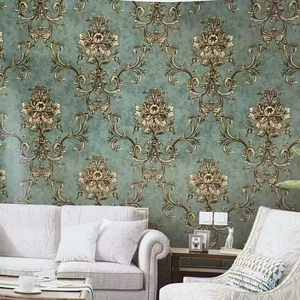 Papel Tapiz Vintage Verde Damasco, Papel Tapiz de Vinilo PVC con Patrón Floral Europeo de Lujo para Sala de Estar, Dormitorio, Decoración del Hogar - Product Image 1