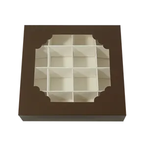 巧克力色16格印度糕点饼干糖果甜巧克力马卡龙纸包装礼品盒，带透明宠物窗盖