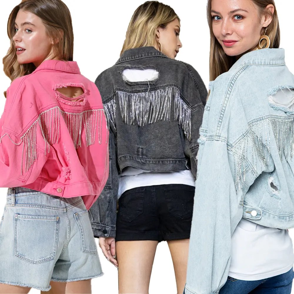 2024 Mới Của Phụ Nữ Denim Áo Khoác Thời Trang Tua Nguyên Cạnh Denim Cắt Áo Khoác