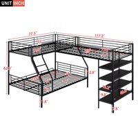 Litera Triple de Metal en Forma de L con Cama Alta, Escritorio, Barandillas y Escaleras
