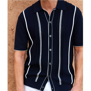 Mùa Xuân Jacquard Men's Dệt Kim Nút Ngắn Tay Áo Cardigan Người Đàn Ông Tinh Khiết Cotton Cardigans Dệt Kim Polo Cổ Áo Sơ Mi Áo Len Người Đàn Ông - Product Image 1