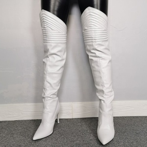 Bottes hautes sexy pour femmes, taille 47, couleur unie, blanches, avec fermeture éclair arrière, talon aiguille, bout pointu, bottes longues jusqu'au cuisse - Product Image 3