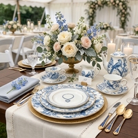Ensemble d'assiettes à dîner en céramique bleu et blanc vintage, vaisselle en porcelaine de luxe avec bord doré, assiette à salade et à dessert à motif de fleurs de cerisier