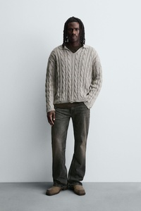 A/W 2026 도매 남성용 오버사이즈 청키 케이블 니트 칼라 V넥 스웨터 - Product Image 3