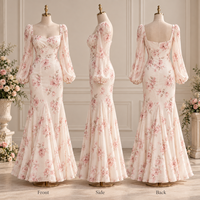 Robe longue sirène formelle pour femme en mousseline à imprimé floral, col cœur, manches longues bouffantes, coupe ajustée, longueur ras du sol, OEM