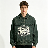 Vintage Verwaschene Grüne Reißverschluss-Arbeitsjacke Kornit DTG Ring-Style Graffiti-Buchstaben-Druck Übergroße Streetwear-Jacke