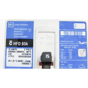 Interruptor de Circuito Eaton HFD3015, 15A, 3 Polos, 600VAC, Tipo Estándar, Montaje Atornillado - Product Image 3