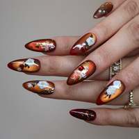 Faux ongles à presser en acrylique chinois, forme amande, motif camélia œil-de-chat, fleur blanche, nuage, feuille d'or et strass rouges, pour le Nouvel An