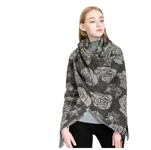 Hot sales European women's vintage double-sided jacquard wool scarf fashion white rose print floral scarf shawls