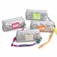 Trousse à crayons matelassée argentée avec dragonne en corde néon, pochette de maquillage Y2K, trousse à cosmétiques zippée grande capacité, organiseur de papeterie pour filles