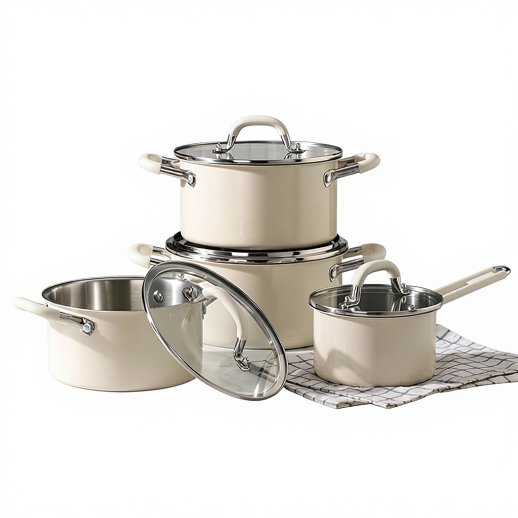 Stainless Steel 304 Cooking Pot Set 8 Pcs Modern Korean-style with Design Glass Lid Induction Pots and Pans Set