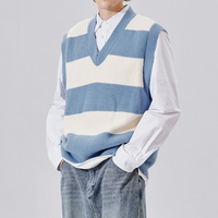 Pull tricoté à col en V pour homme, pull à rayures, Style Jacquard, blanc, bleu, personnalisé, automne, hiver