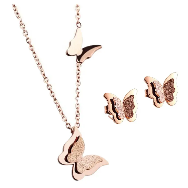 Hot Sale Stainless Steel Rose Gold butterfly Design Fashion Necklace and Stud Earring jewelry Set for Women