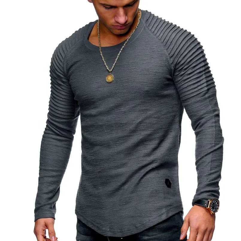 Oem Custom Solid Color Long Sleeve Round Neck Pullover Casual Striped T Shirt For Men