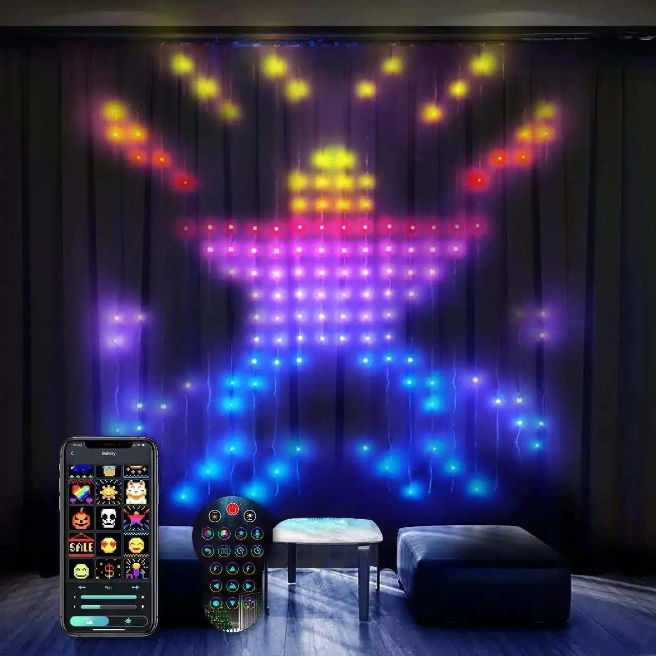 APP โปรแกรมการควบคุมระยะไกลสมาร์ทตกแต่งคริสต์มาส Fairy ผ้าม่านแสงพิกเซล DIY ปาร์ตี้ RGB Fairy Light