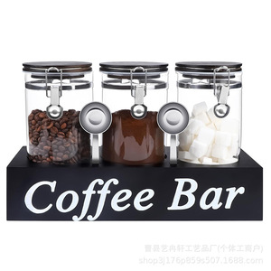 Estante de almacenamiento para barra de café, tarros de vidrio con tapa con clip, contenedor hermético para granos de café, organizador de almacenamiento de azúcar, rectangular, negro - Product Image 5