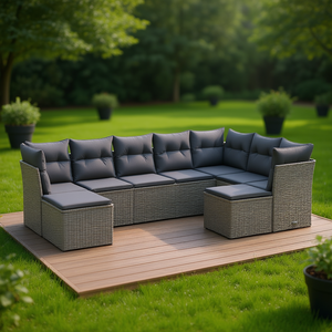 Modular Garden Sofa Set <b>Grey</b> Pe Rattan Steel <b>Frame</b> Outdoor Furniture Contemporary Design 6 Seater - Product Image 2