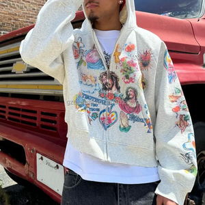 Gráfico De Inverno Oversized Camisola De Algodão Pesado De Tela Grossa Impresso Zip Hoodie Velo Cropped Boxy Zip up Hoodies Homens