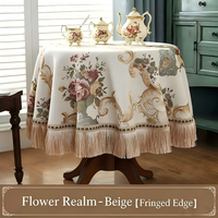 Nappe Ronde Européenne Classique de Luxe à Motifs Floraux 3D en Jacquard Imperméable en Polyester avec Pompons pour Tables à Manger et Tables Basses