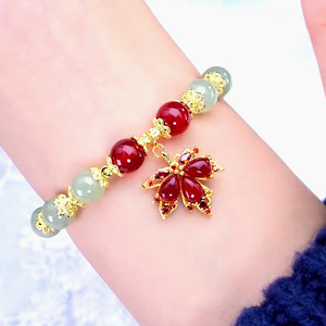 <b>Red</b> Agate Maple Leaf <b>Bracelet</b> For Women Jade Beaded Jewelry Gift With Claw Setting Zinc Alloy SL 059 - Product Image 3