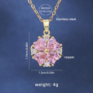 Kadın altın kaplama paslanmaz çelik kolye kübik zirkonya pembe dört yapraklı yonca anahtar şekli desen uzun zincirler inci ana taş - Product Image 3