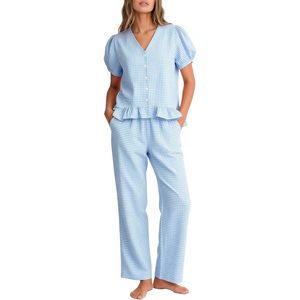 Conjunto de Pijama de 2 Piezas para Mujer, Estampado a Cuadros, Algodón, Manga Corta, Top con Volantes, Pantalones de Descanso, Ropa de Dormir - Product Image 1
