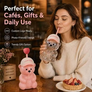 2026 Hot Sale Cute Strawberry <strong>Straw</strong> Cartoon Teddy Bear <strong>Cup</strong> <strong>with</strong> <strong>Lid</strong> High Borosilicate Glass Transparent Coffee <strong>Cups</strong> - Product Image 3