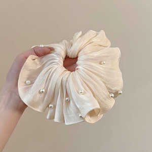 Grands chouchous pour cheveux en dentelle et perles, pour femmes, avec perles à facettes, plissés, et élastique de couleur unie - Product Image 5