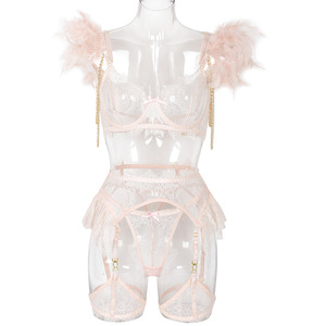 JENGS caliente transparente desnudo ver a través de tres piezas lencería sexy erótico Rosa Intimo Donna chicas sexy en lencería - Product Image 2