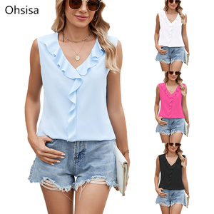 Ohsisa 2025 Top Estivo da <span class=keywords><strong>Donna</strong></span> in Chiffon Senza Maniche Tinta Unita con Scollo a V e Volant Pieghettato - Product Image 1