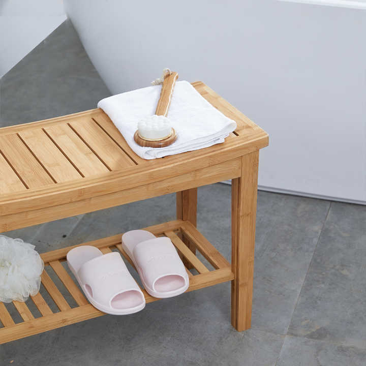 Bamboo stool Bambusi Shower Bench Stool with Shelf Wood Seat Bench for Indoor or Outdoor Use Spa Bath Bench with Storage Shelf