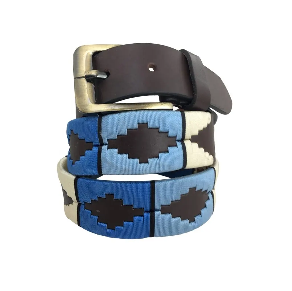 Brown Leather Dog Pet Collar Blue + White Thread Braided Design Manufacturer