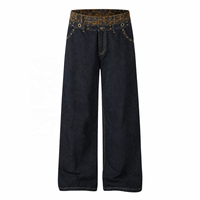 Jean large pour homme, taille basse, en denim, avec ceinture imprimée léopard, détails rivets, style vintage streetwear, fabricant OEM personnalisé