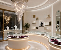 Vitrine à bijoux Boutique Middle Island, cadre en métal, corps en bois, vitrine en verre transparent avec éclairage LED
