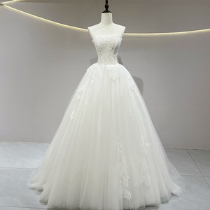 JFH61 Vestidos de Novia Formales de Línea A con Cuello Barco, Encaje, Satén, Cola Capilla, Flores Modernas y Lentejuelas de Cristal - Product Image 1