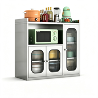 Meuble de rangement de cuisine moderne en acier inoxydable, buffet autoportant pour micro-ondes avec portes cannelées, 2 tiroirs, design de panneau moderne