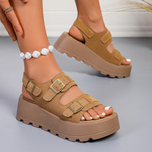 Sandales d'été françaises pour femmes, confortables, à semelle épaisse, à double boucle, décontractées, pour la plage, printemps/automne, semelle en caoutchouc amortissante - Product Image 1