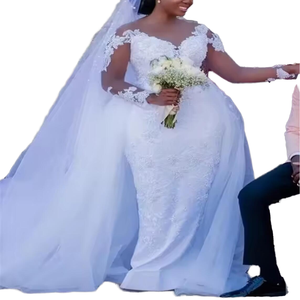 فساتين زفاف مخصصة بمقاسات كبيرة مع ذيل قابل للفصل، مزينة باللؤلؤ والدانتيل المطرز، فساتين عروس ريفية مع طرحة مجانية - Product Image 4