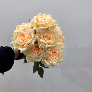 K 9 têtes tissu de soie brûlé Orange Rose Bouquet pour mariage maison fête décoration de noël Bouquet fleurs décoratives artificielles - Product Image 2