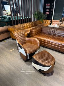 เก้าอี้เท้าแขนอานโบราณเก้าอี้พักผ่อนหนังแท้สีน้ำตาลแท้และออตโตมัน - Product Image 3