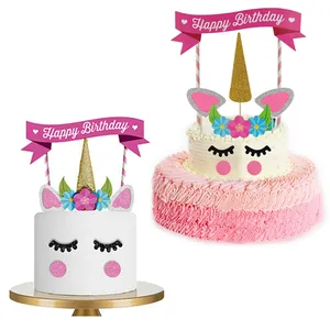 Grosir selamat ulang tahun banner puncak kue-Kit Spanduk Topper Kue Ulang Tahun Unicorn, Dekorasi Klakson Unicorn DIY untuk Pesta Ulang Tahun Anak