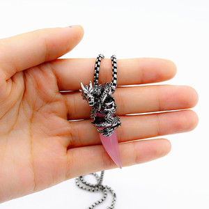 yunnique Dragon Tooth Pendant <b>Necklace</b> Stainless Steel <b>Pink</b> Gemstone Unisex Jewelry Animal Zodiac Design - Product Image 5