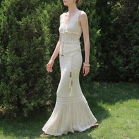 Robe longue maxi personnalisée pour femme, col en V, manches longues, en maille unie respirante polyester/acrylique, crochetée, pour ensemble décontracté d'été